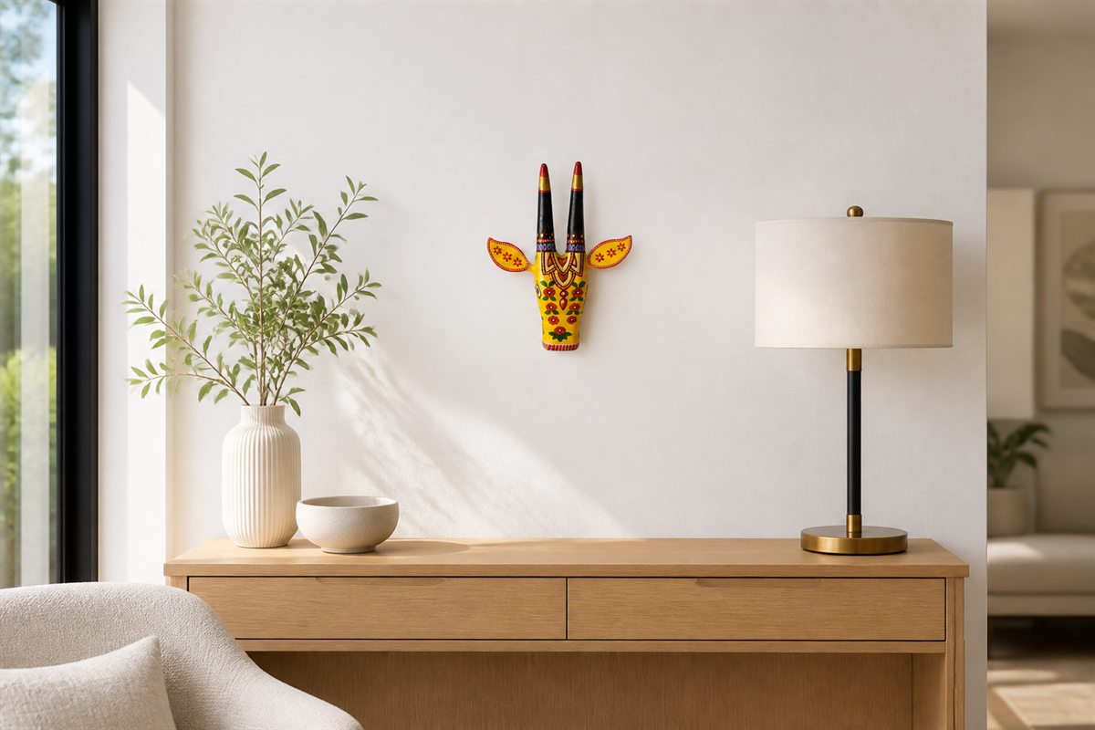 Hand-painted wooden bull head wall decor in a bright modern home setting