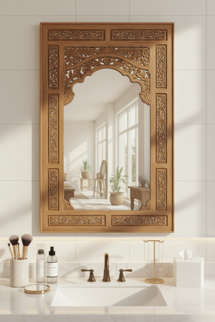 Jharokha Arch Wooden Wall Mirror – Natural Brown — former listing image 1