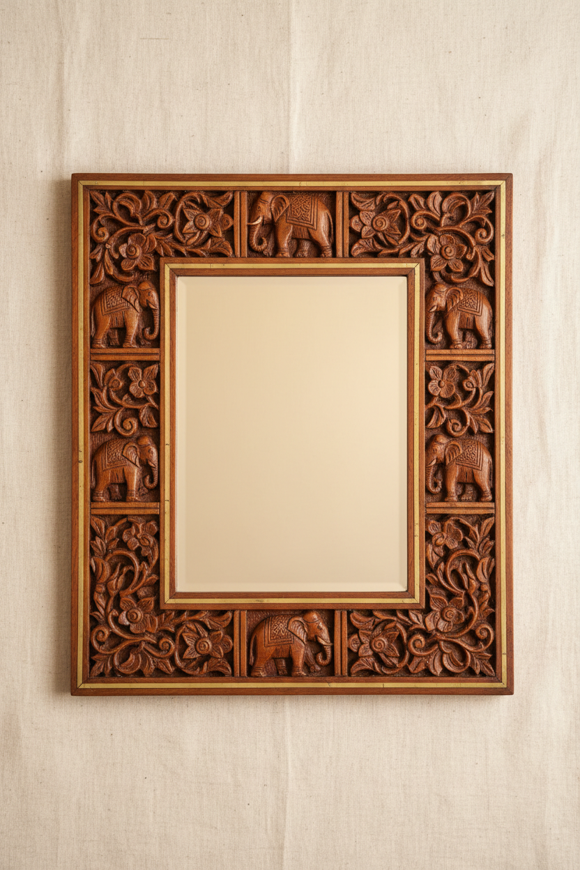 Elephant-Motif Wooden Wall Mirror — former listing image 1