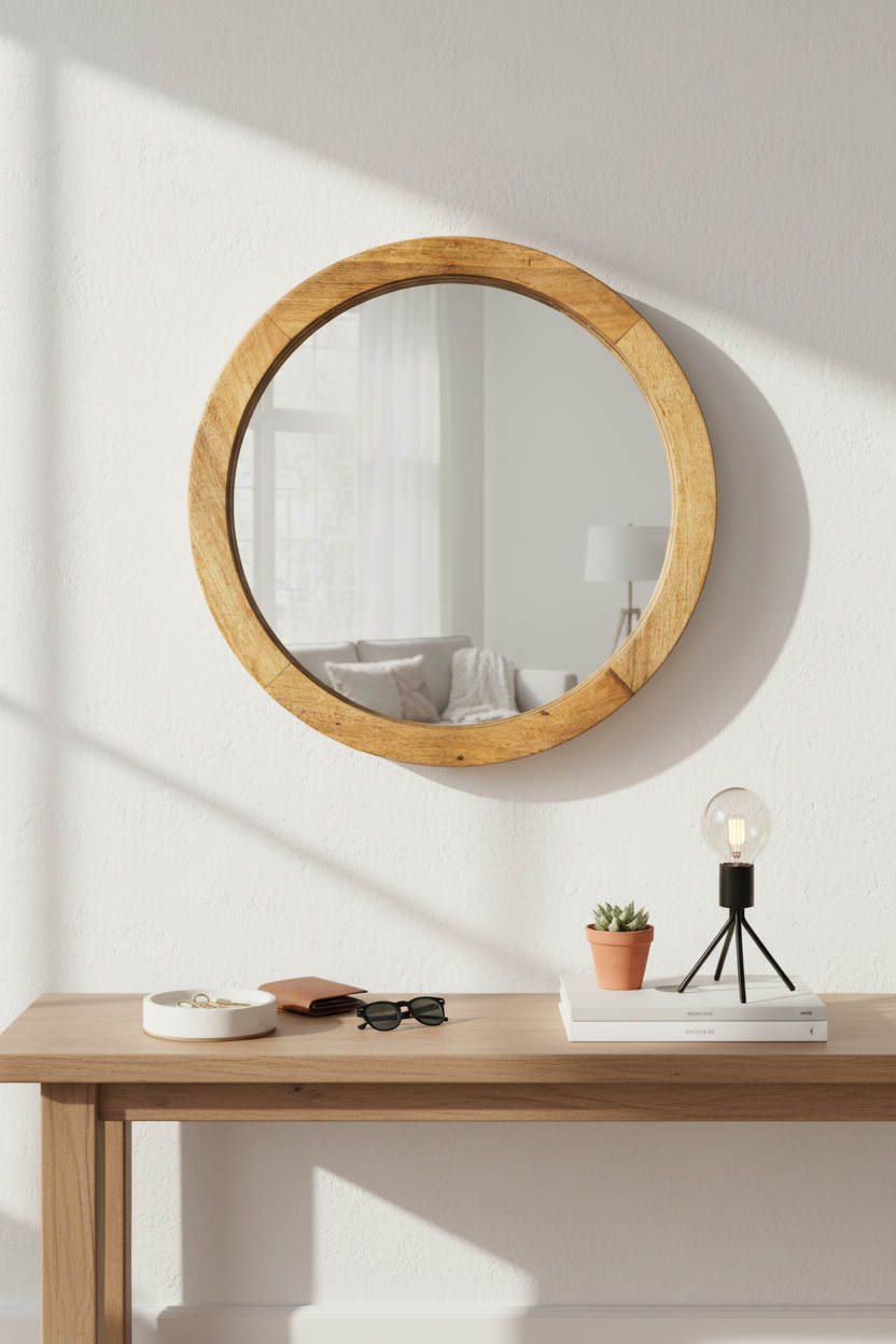 Round Mango Wood Wall Mirror – Natural Grain Finish — former listing image 1