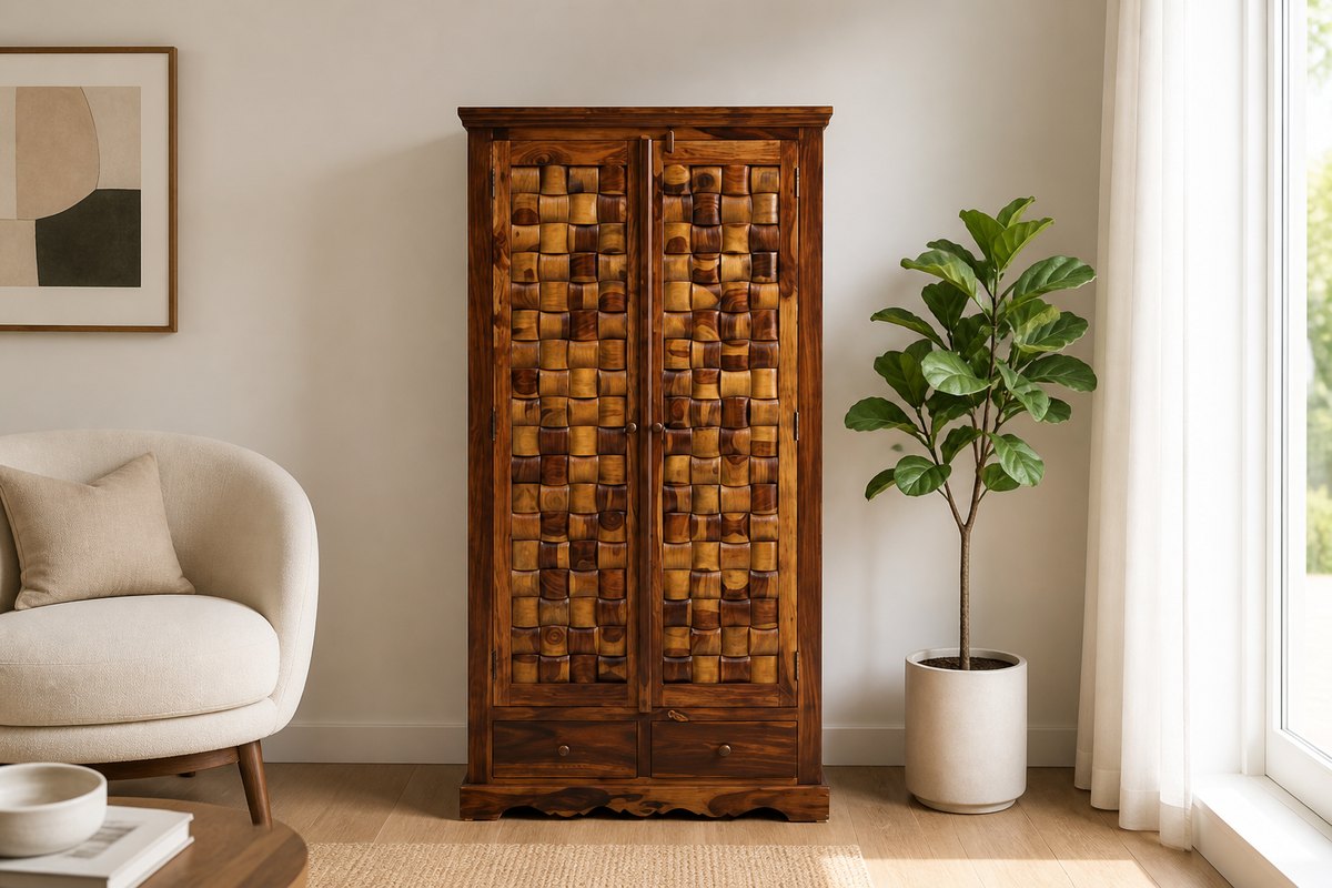 Lifestyle illustration of a solid Sheesham wood wardrobe in a modern room